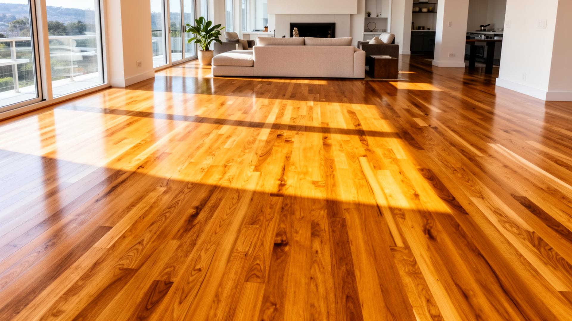 Beautifully refinished hardwood floor in a bright living room